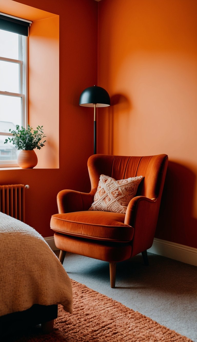 A rust-colored velvet armchair sits in the corner of a vibrant orange bedroom