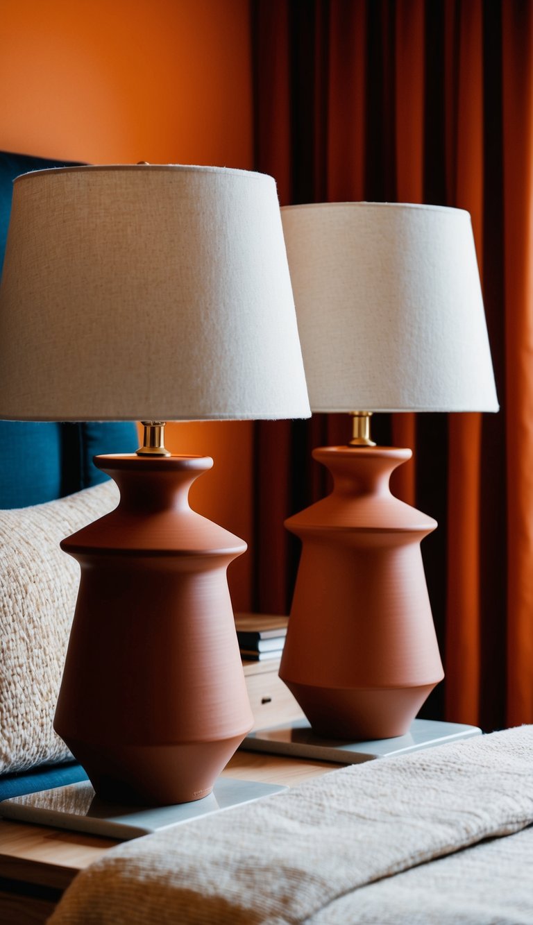 Two terracotta ceramic lamps sit on bedside tables in a cozy orange bedroom