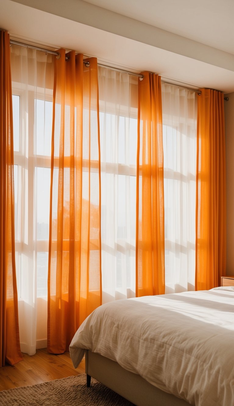 Sunlight filters through orange ombre curtains, casting a warm glow on the sheer white panels in a cozy bedroom