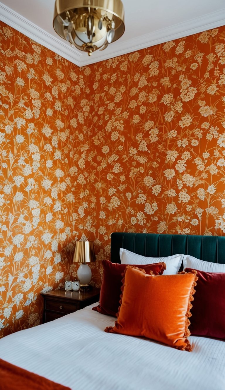 A bedroom with vintage orange floral wallpaper on one wall