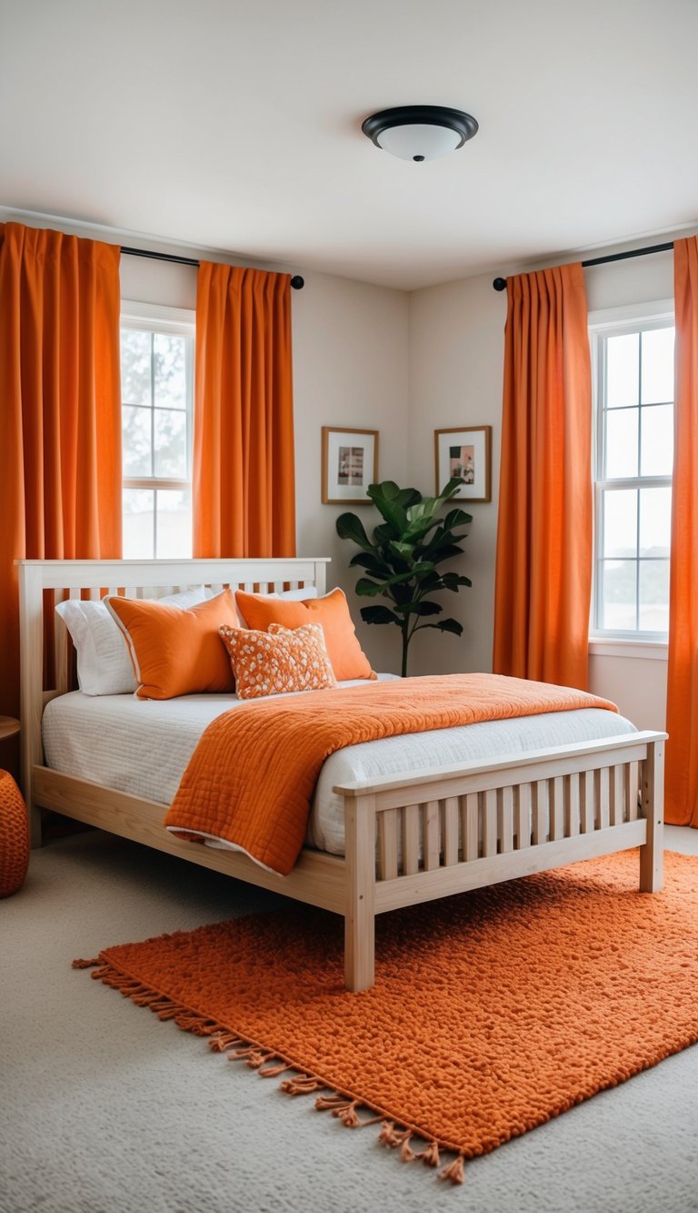 Light wood bed frame with orange bedding, matching curtains, and decorative pillows. Orange throw rug and accent chair complete the cozy bedroom