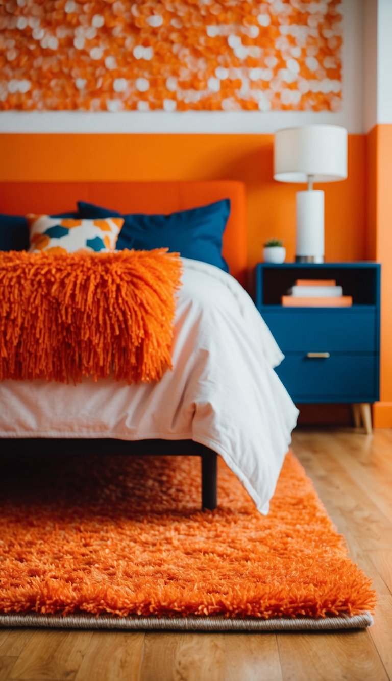 An orange shag rug lies under a bed in a vibrant orange bedroom