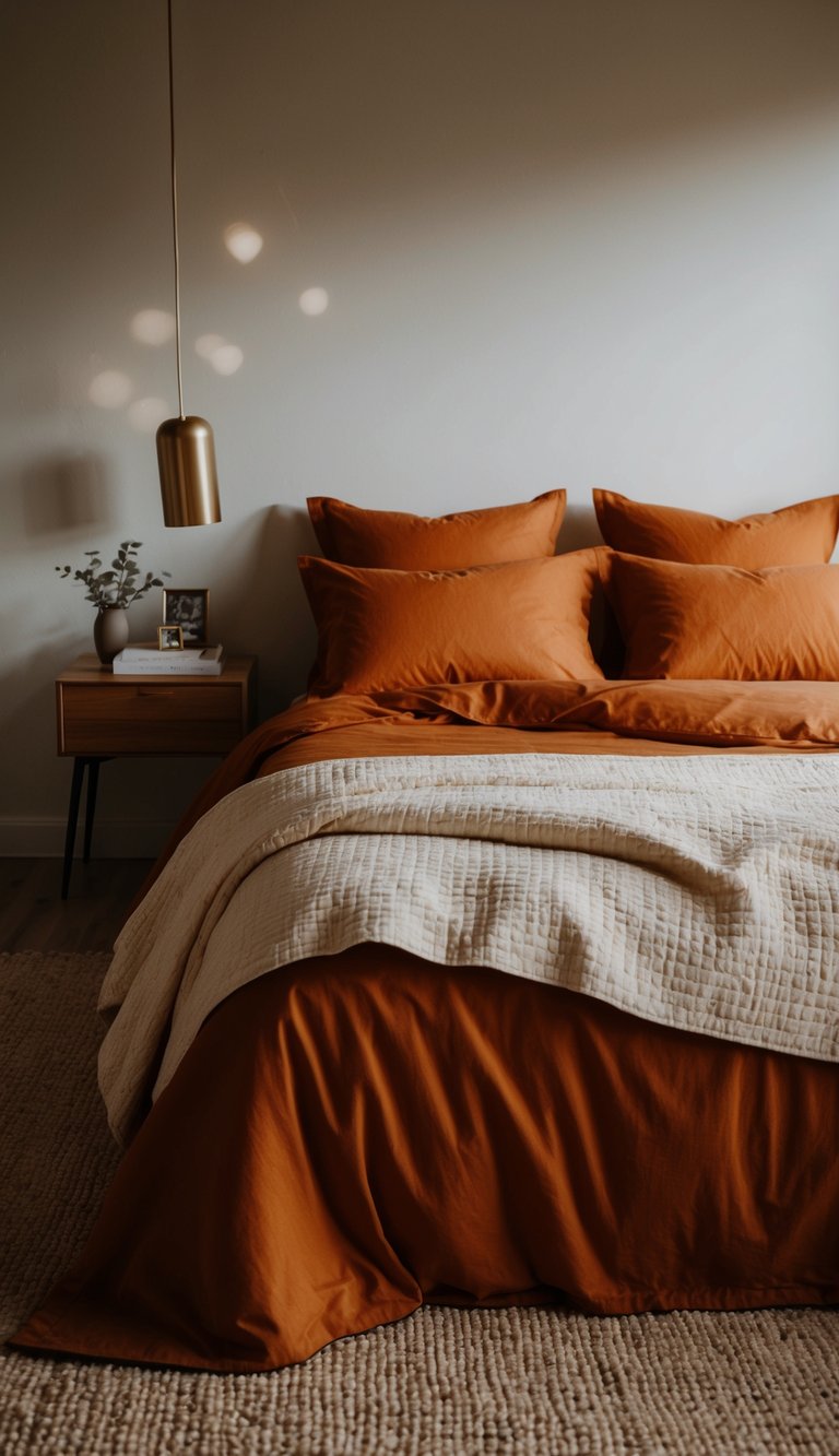 A deep orange bedspread with cream sheets in a cozy bedroom