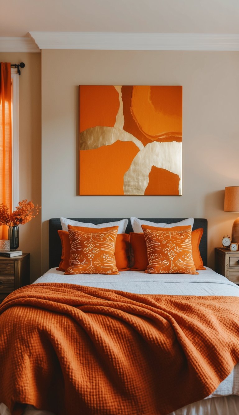 Vibrant orange and gold abstract canvas art hangs in a cozy bedroom with warm, inviting decor