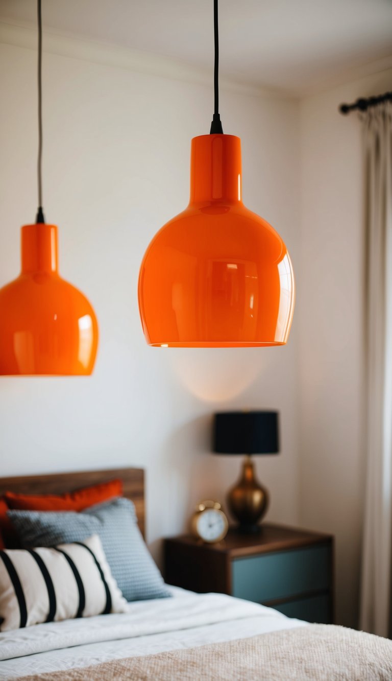 Two orange pendant lights hang over the nightstands in a cozy bedroom