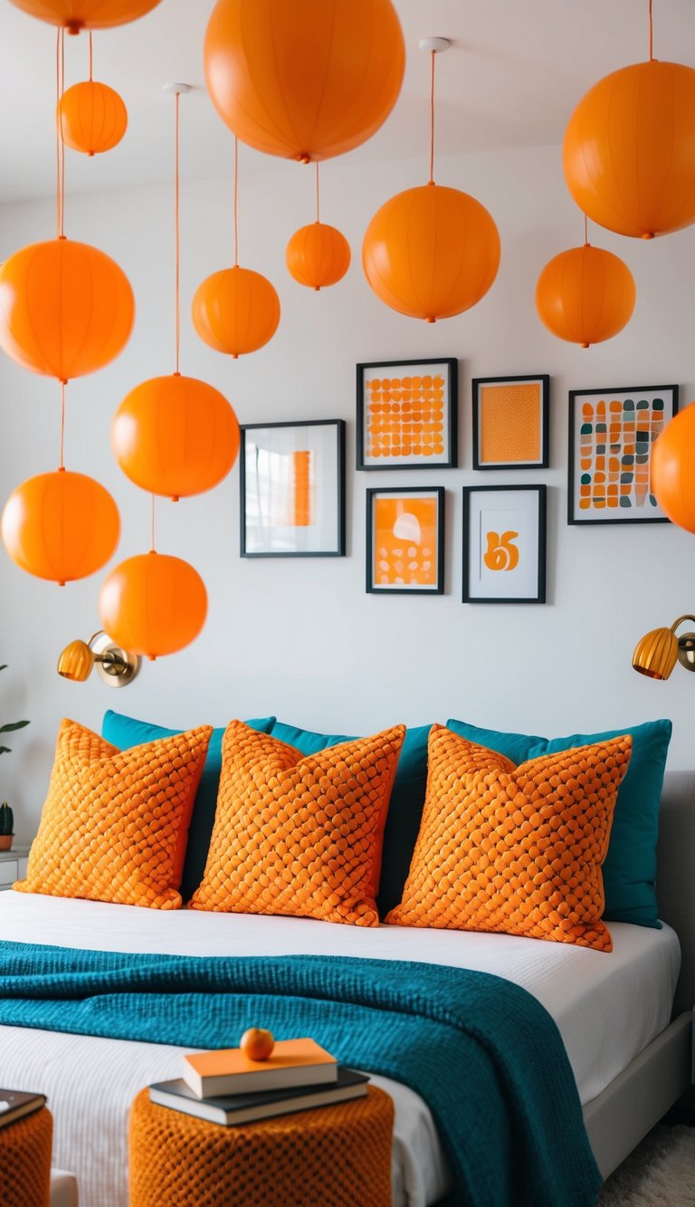 A modern bedroom with vibrant orange geometric patterned cushions on a bed, surrounded by 27 orange-themed decor ideas