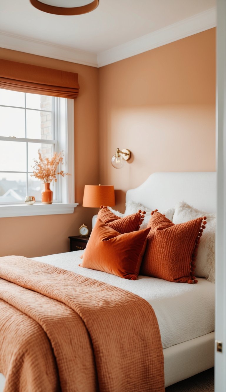 A cozy bedroom with soft apricot walls and white trim, accented with pops of orange decor and textiles