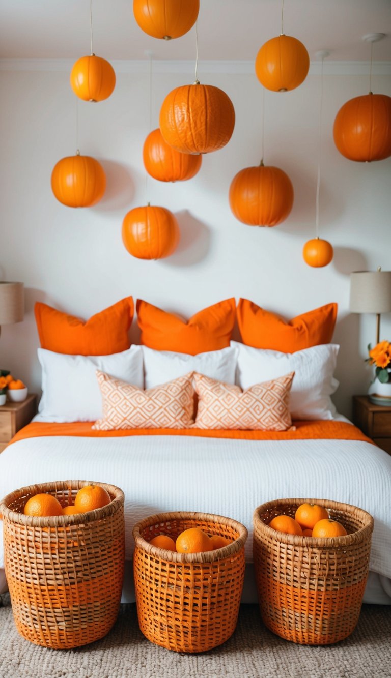 Woven orange baskets arranged in a bedroom with 27 orange-themed decor ideas