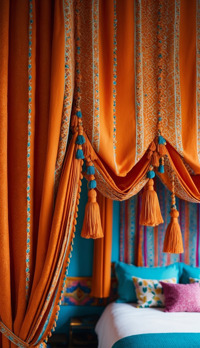 Orange patterned drapery with tassels hangs in a vibrant bedroom