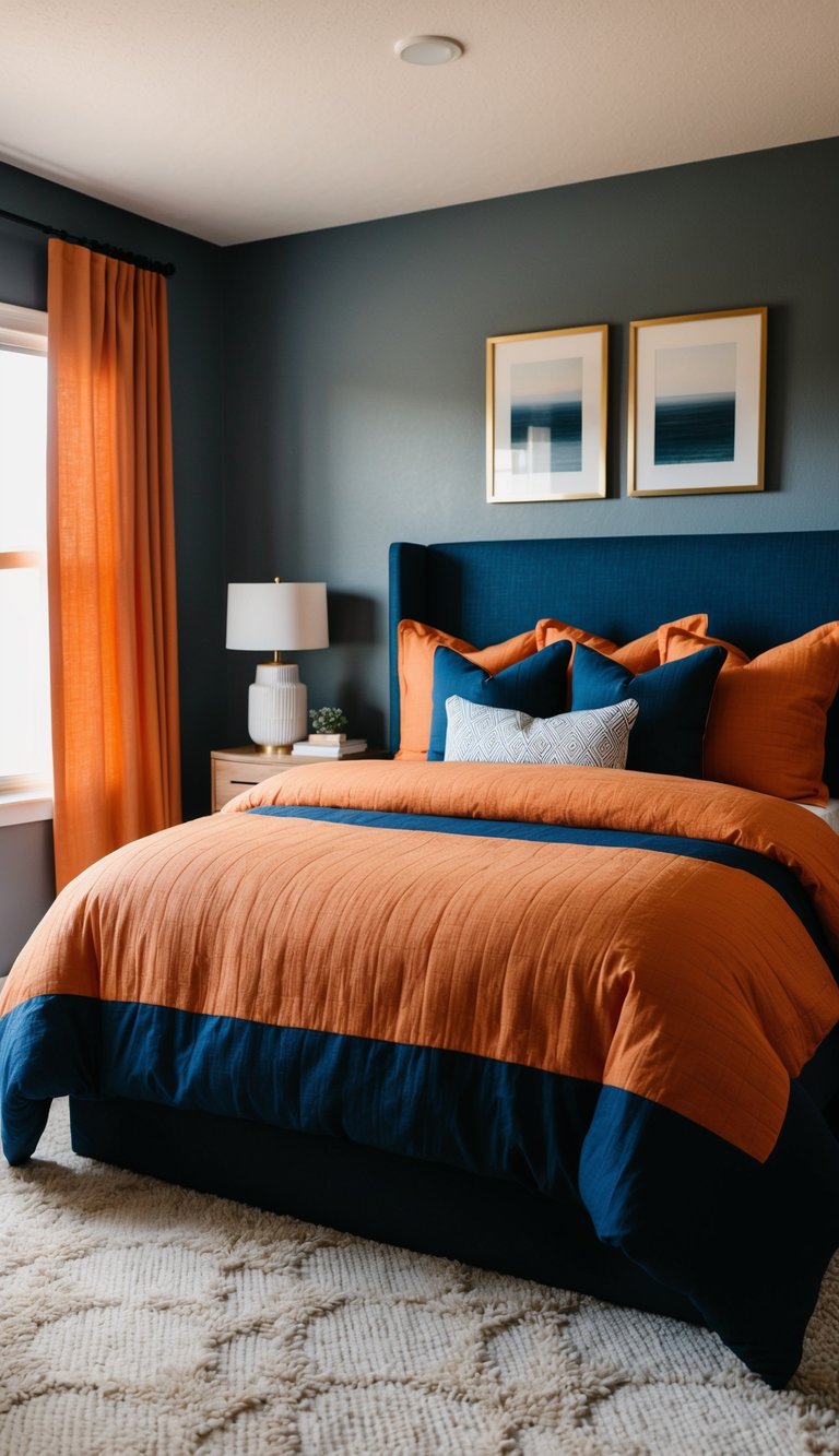 A cozy bedroom with orange and navy blue bedding, accented with matching pillows and curtains