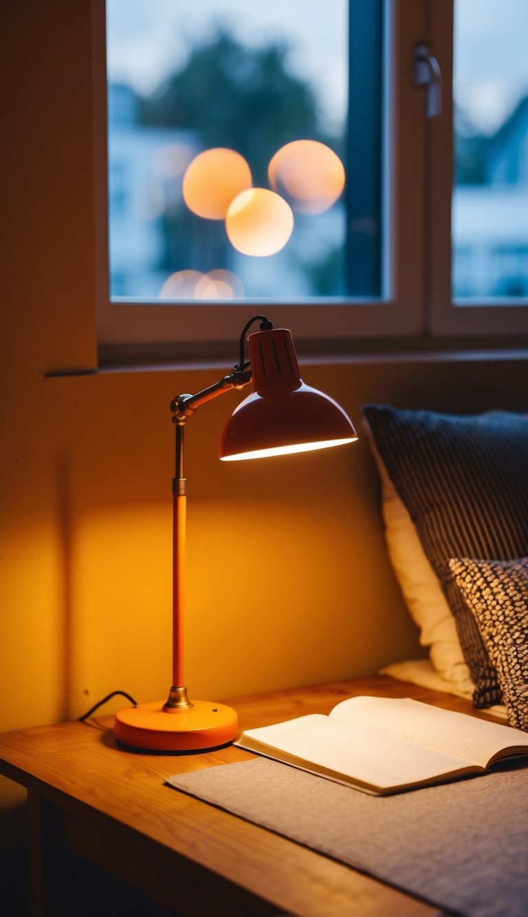 An orange desk lamp illuminates a cozy workspace in a bedroom, creating a warm and inviting atmosphere