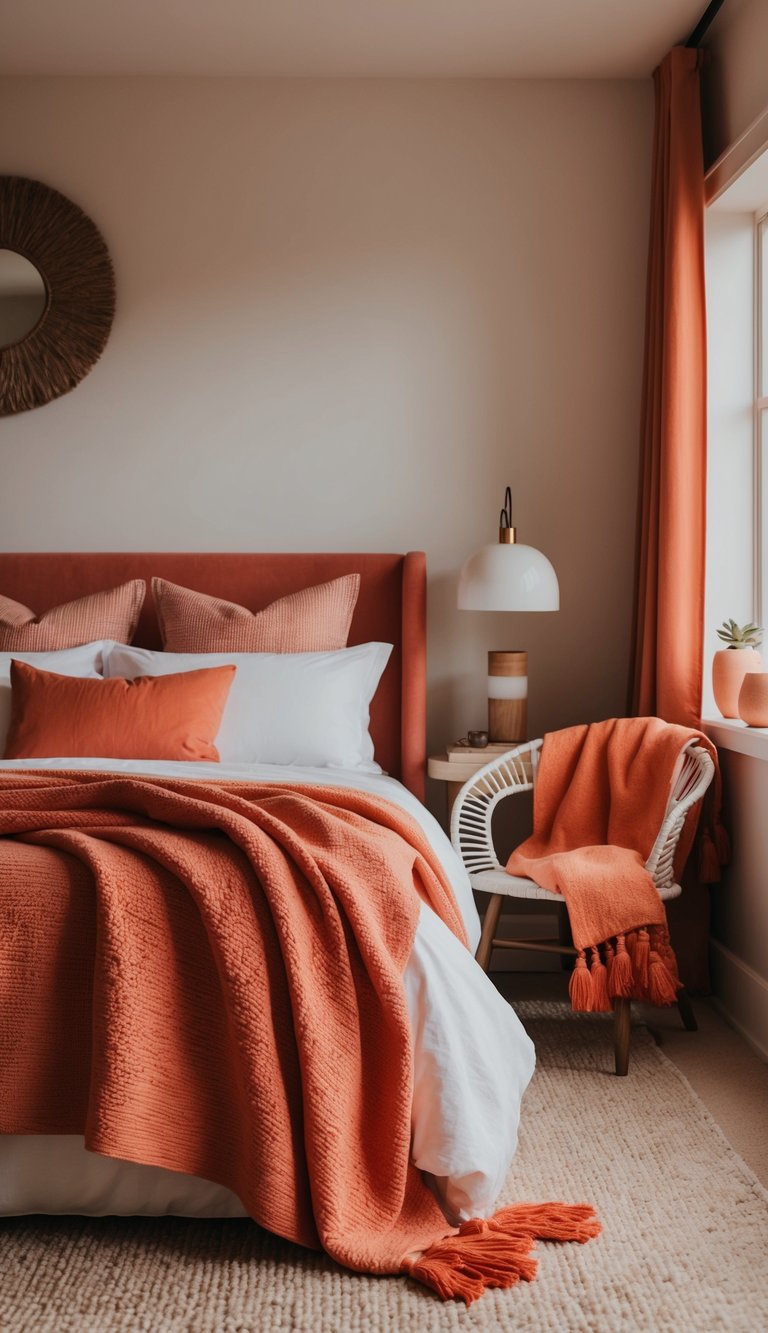 A cozy bedroom with coral and orange throw blankets draped over the bed and chairs, creating a warm and inviting atmosphere