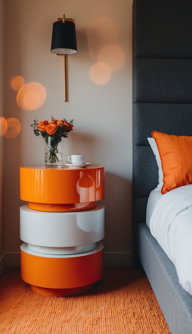 Two orange gradient bedside tables in a modern bedroom with orange accents