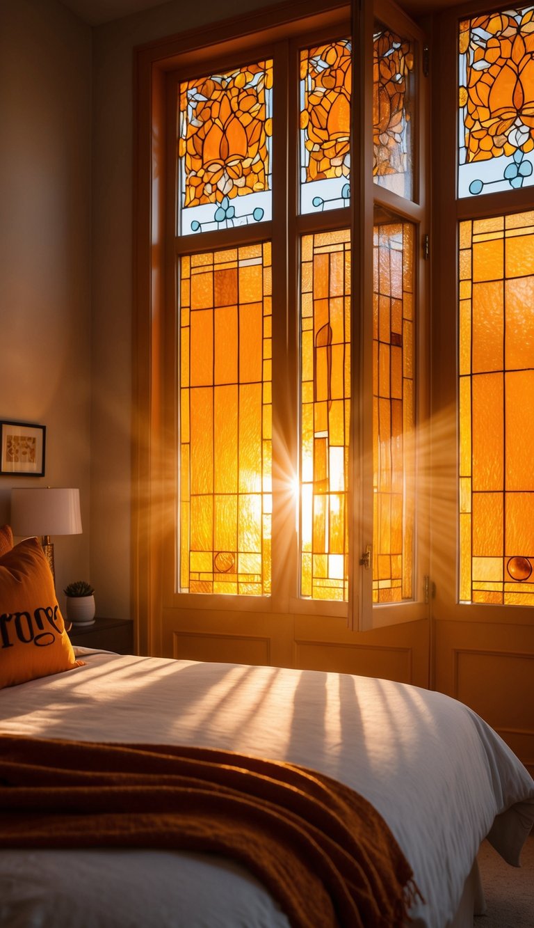 Sunlight streams through orange stained glass, casting warm hues across a cozy bedroom adorned with 27 orange-themed decor ideas