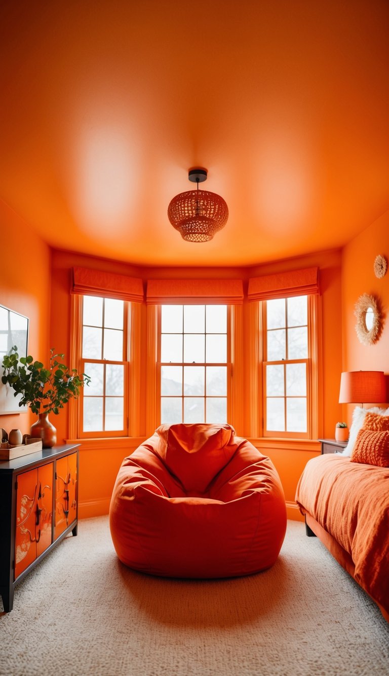 A bright orange bean bag chair sits in the center of a cozy, orange-themed bedroom, surrounded by warm, inviting decor