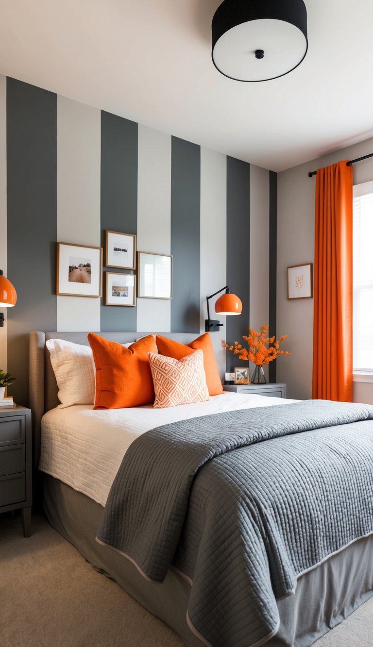 An orange and grey striped accent wall in a bedroom with 27 orange-themed decor ideas