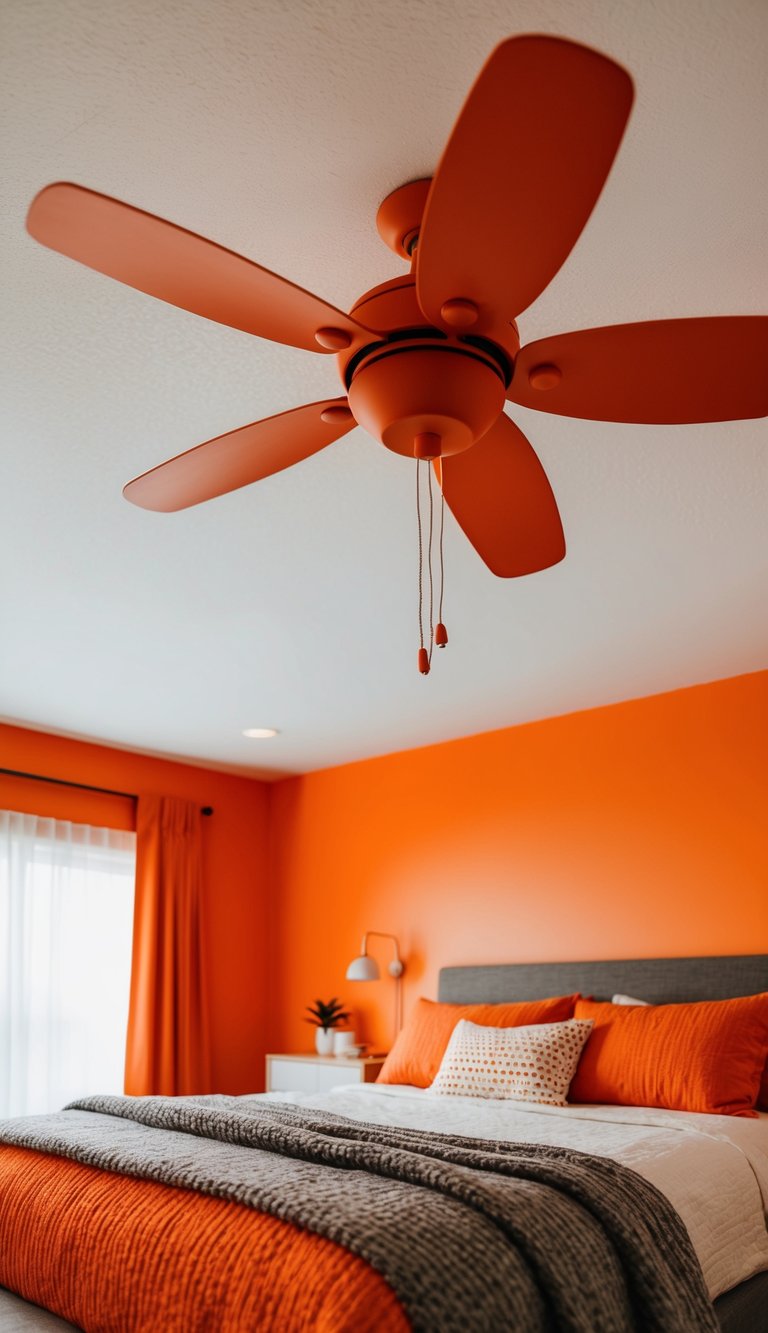 A matte orange ceiling fan spins in a vibrant orange bedroom