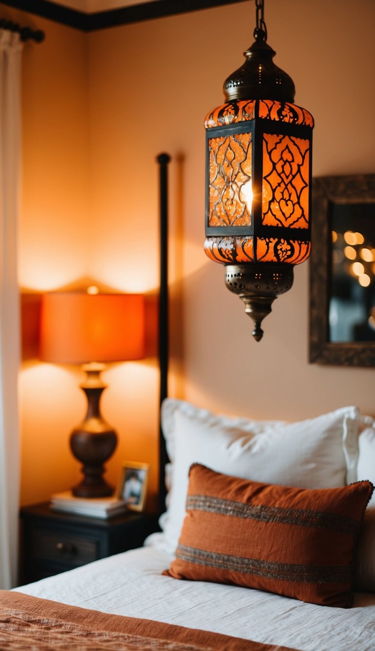 An orange Moroccan lantern hangs in a cozy bedroom with warm, inviting decor