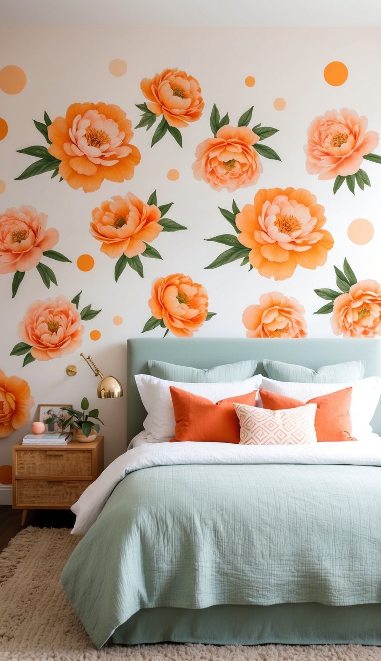 Pastel orange peony decals cover the walls of a cozy bedroom filled with 27 orange-themed decor ideas