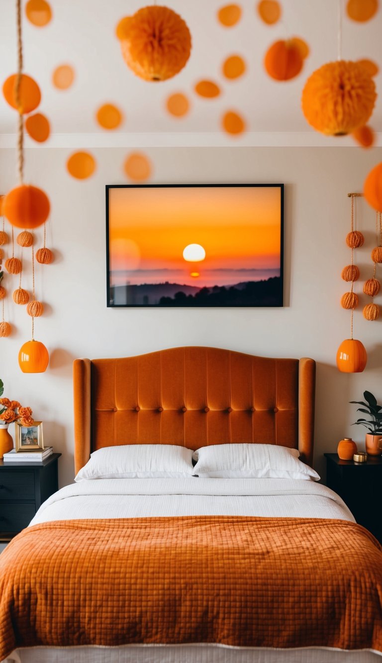 A sunset orange velvet headboard stands in a cozy bedroom, surrounded by 27 orange-themed decor ideas
