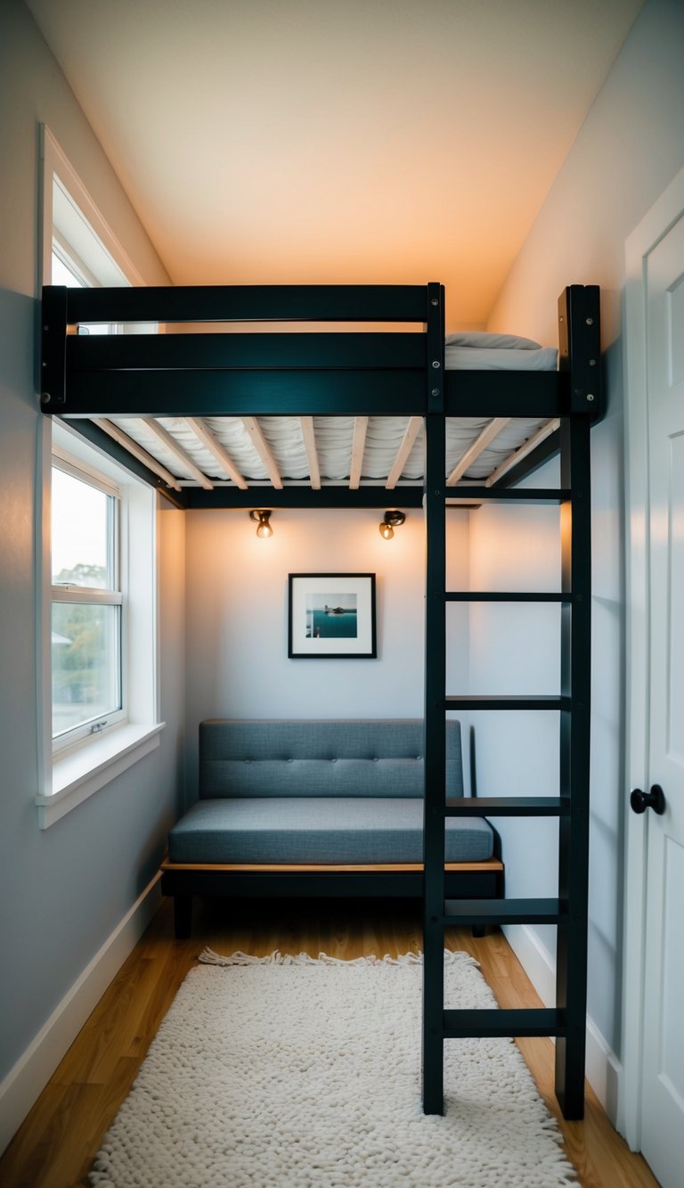 A loft bed sits in a tiny bedroom, creating open floor space