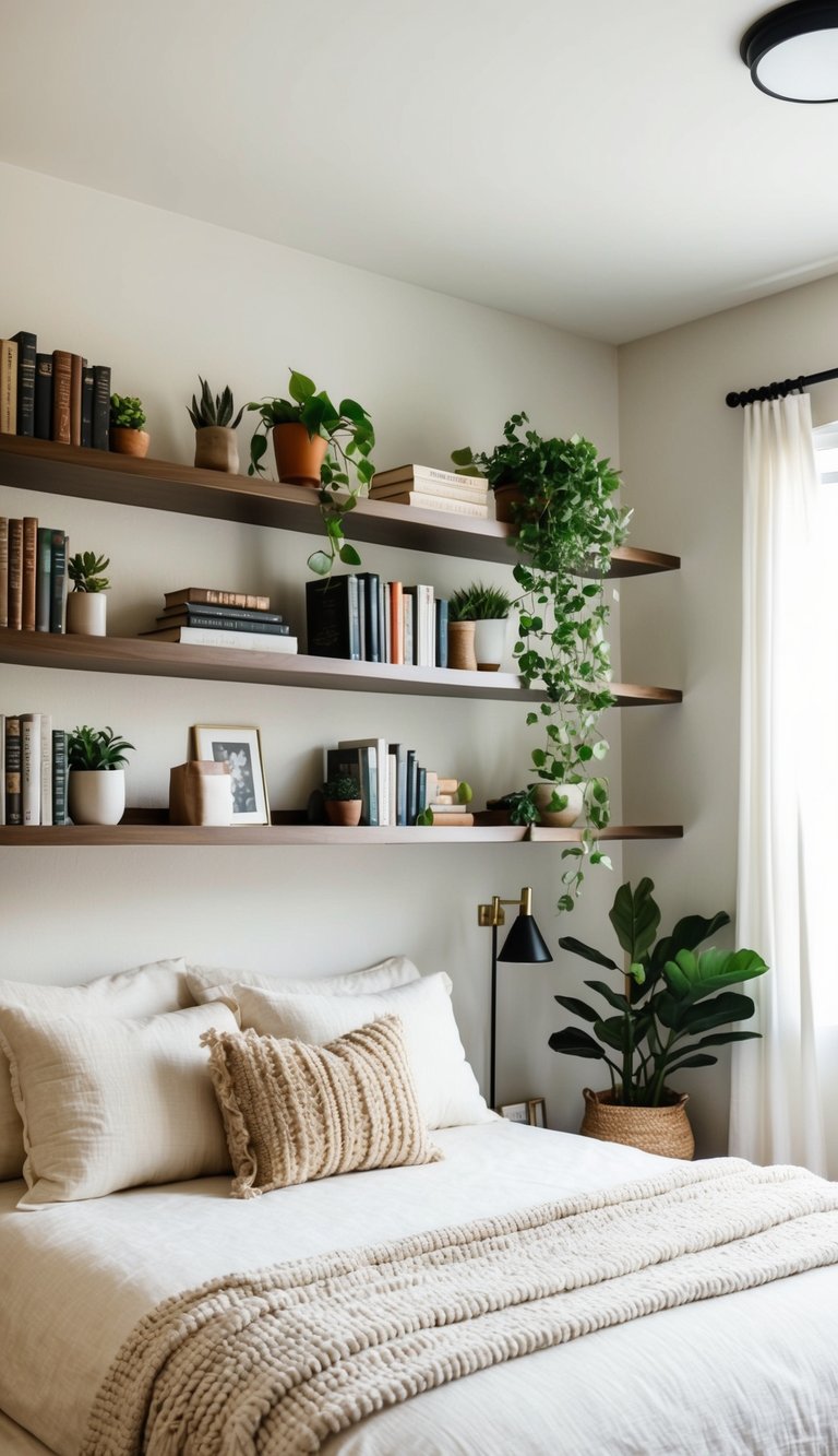 Floating shelves installed above bed with books, plants, and decor. Small bedroom with cozy bedding, minimal furniture, and natural light