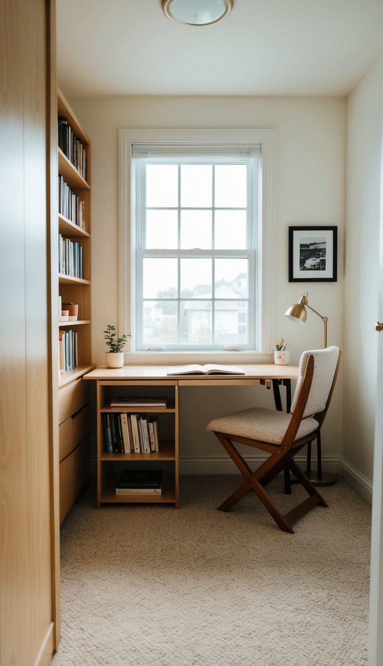 A cozy bedroom with a fold-down desk, small bookshelf, and cozy chair. Bright light streams in through a window, illuminating the compact yet functional workspace