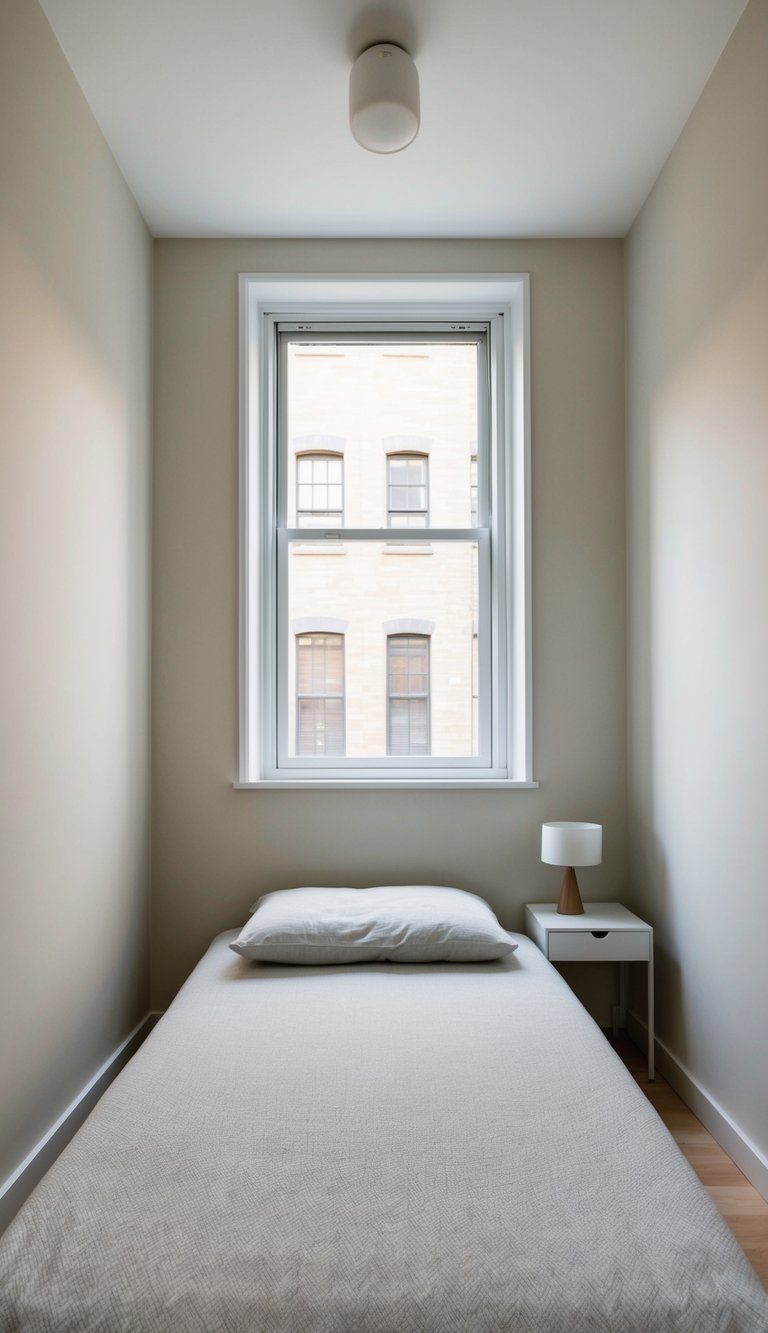 A small bedroom with light-colored walls, minimal furniture, and large windows letting in natural light, creating a sense of spaciousness