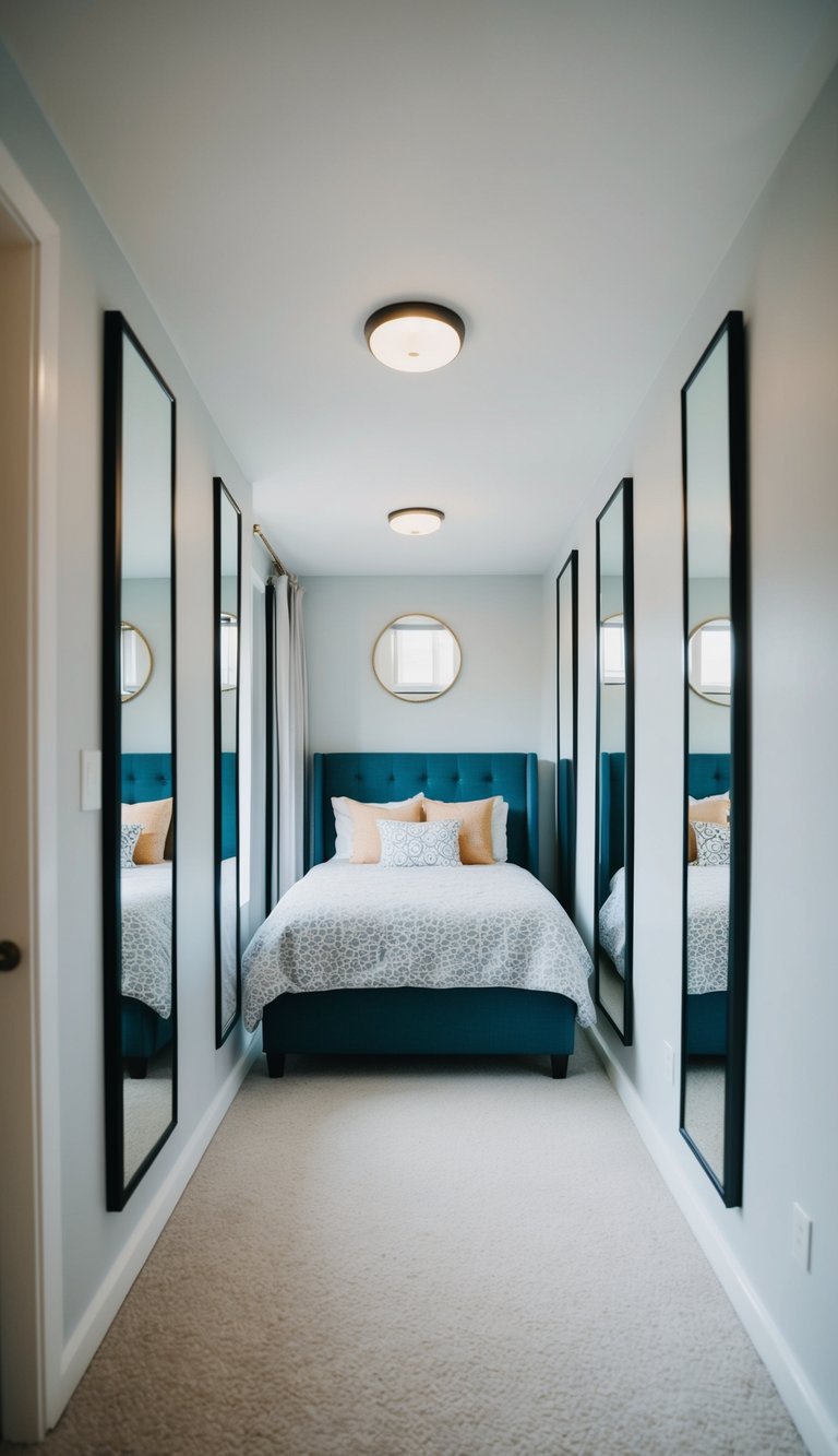 A small bedroom with multiple mirrors placed strategically to create the illusion of depth and space