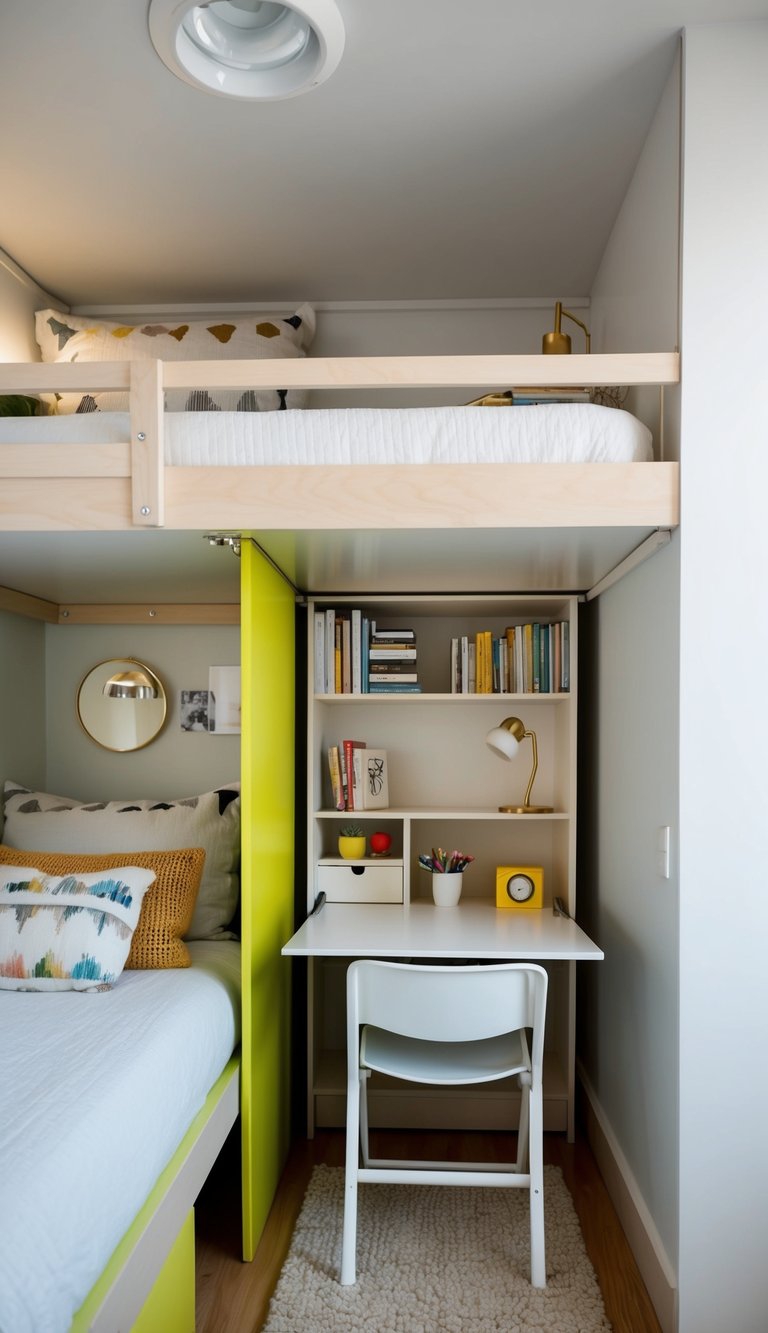 A small bedroom with a loft bed, built-in storage, and a fold-out desk. Bright colors and minimal clutter create a cozy, functional space