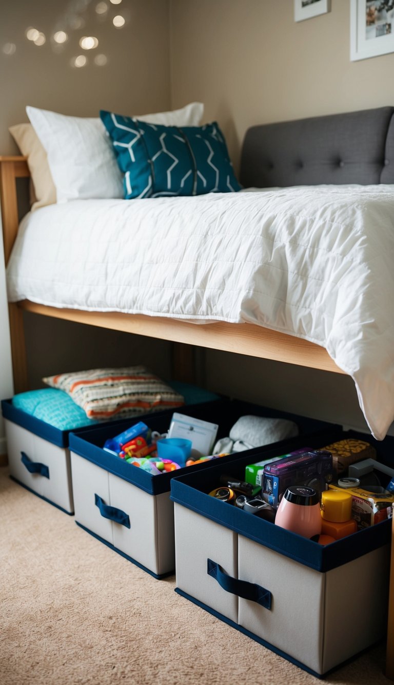 Under-bed storage boxes filled with various items in a small bedroom