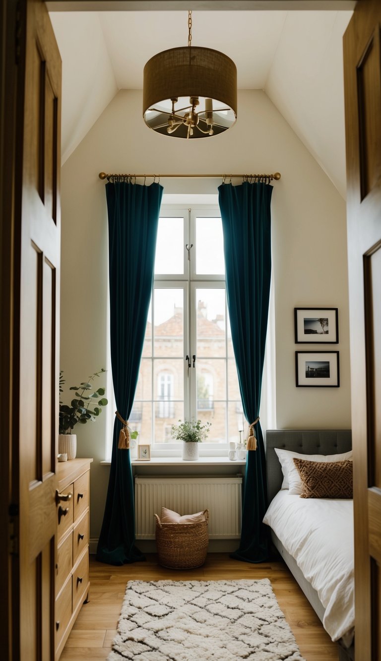 Curtains hung near high ceiling, small bedroom with cozy decor