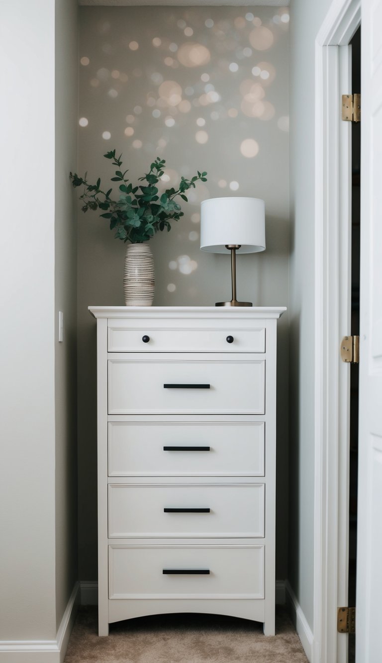 A narrow dresser stands in a small bedroom, maximizing space
