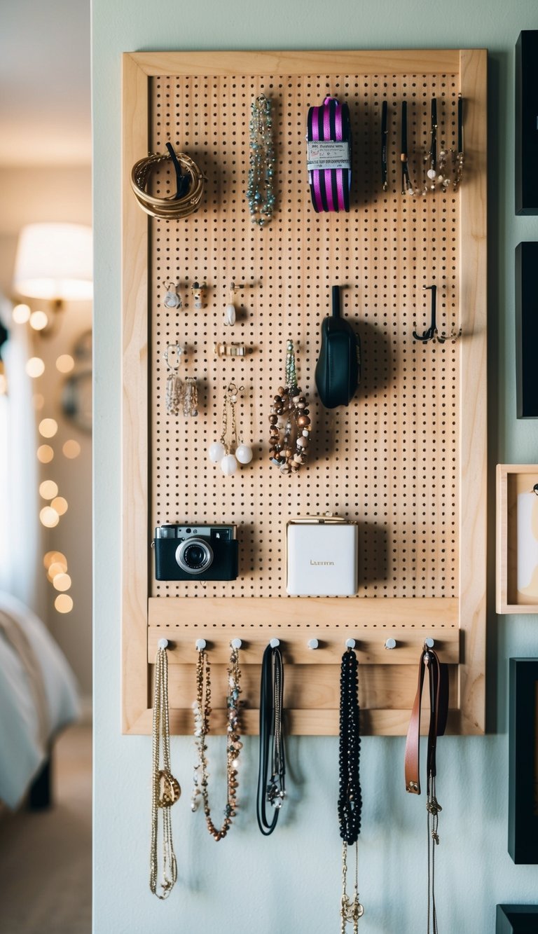 A pegboard hangs on a wall, organizing small bedroom items like jewelry, accessories, and art supplies