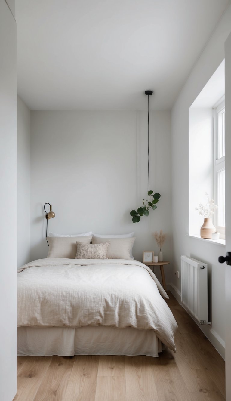 A small bedroom with minimal, light bedding. Simple decor and efficient use of space