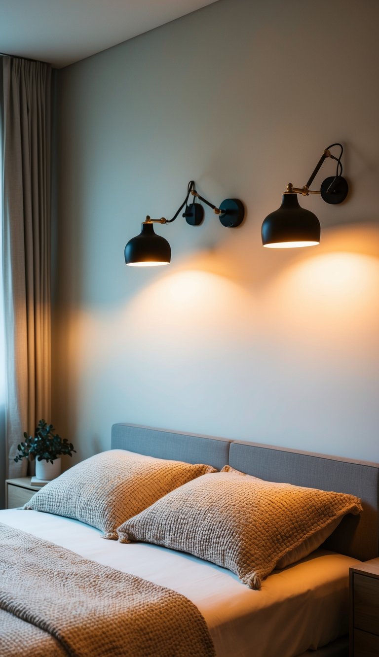 The cozy bedroom features wall-mounted lamps casting a warm glow on the minimalistic decor