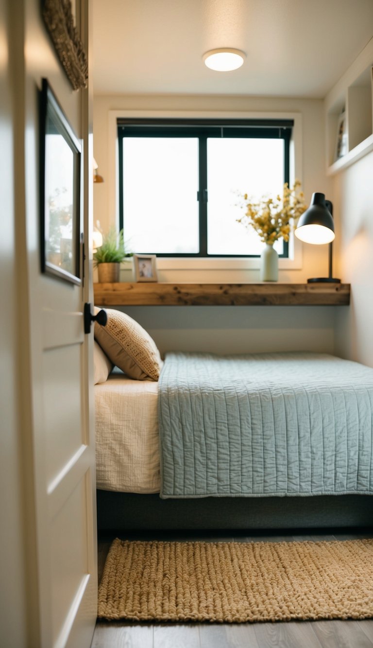 A small area rug lies beneath a cozy bed in a tiny bedroom, adding warmth and comfort to the space