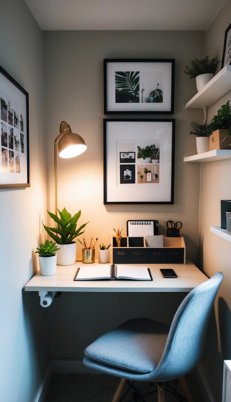 A cozy, compact bedroom with a corner desk setup, adorned with small plants and organized stationery