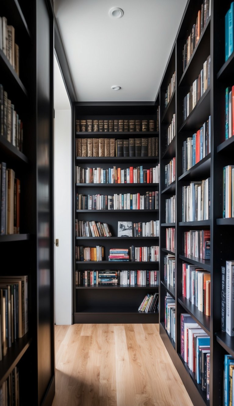 Tall bookcases line the walls, maximizing vertical storage in a tiny bedroom