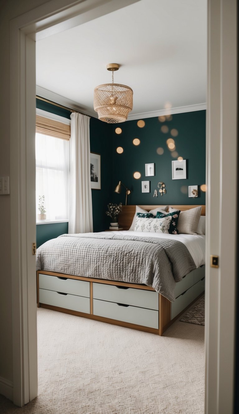 A cozy bedroom with a bed featuring built-in drawers, surrounded by small decorative elements and clever storage solutions