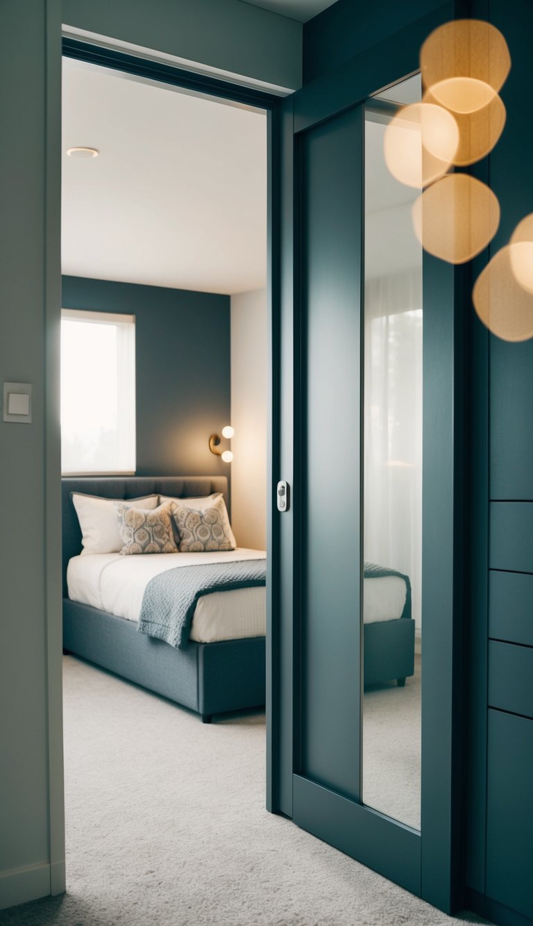 Sliding doors reveal a compact bedroom with clever storage solutions