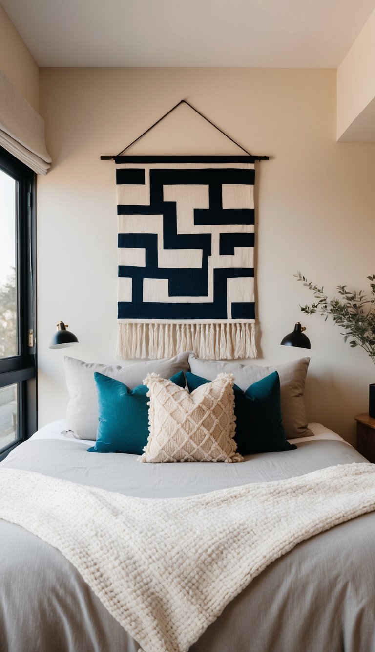 A cozy bedroom with a large statement art piece hanging on the wall, drawing the eye amidst 25 tiny bedroom ideas
