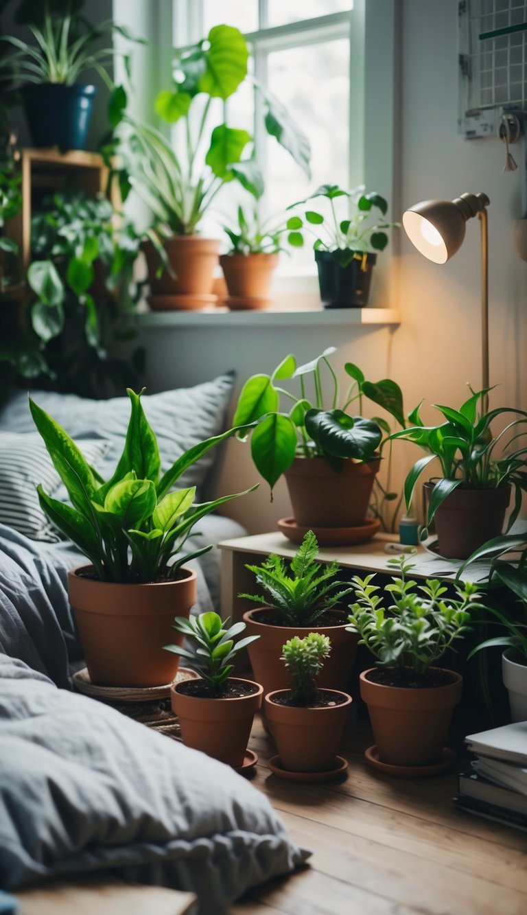 Various plants in small pots adorn a cluttered bedroom, adding a touch of greenery to the cozy space