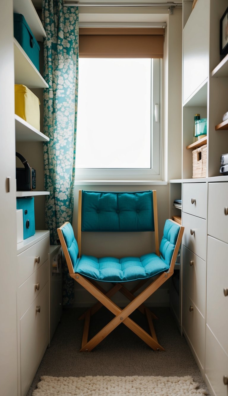 A foldable chair tucked into a cozy corner of a small bedroom, surrounded by clever storage solutions and multi-functional furniture