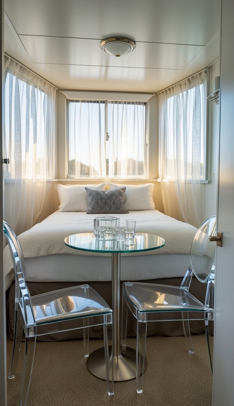 Translucent furniture pieces fill a tiny bedroom, creating a sense of spaciousness and lightness. Glass tables, acrylic chairs, and sheer curtains add a modern touch