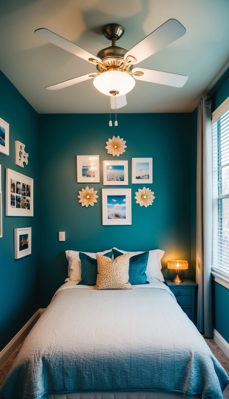A small bedroom with a ceiling fan and light fixture, surrounded by 25 tiny bedroom decor ideas