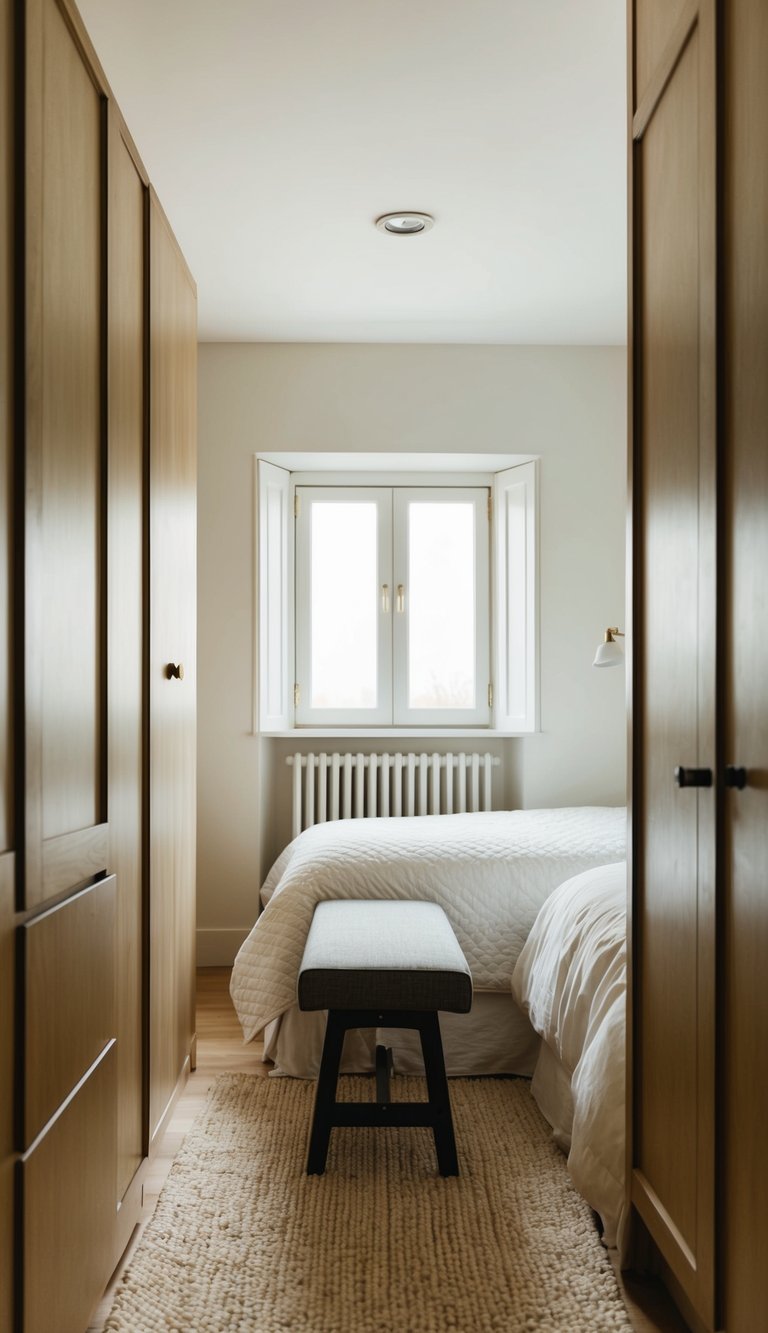 A narrow bench sits at the foot of the bed in a tiny bedroom