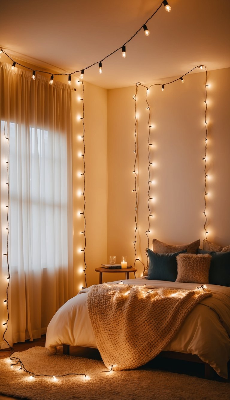 String lights drape around a cozy bedroom, casting a warm and inviting glow
