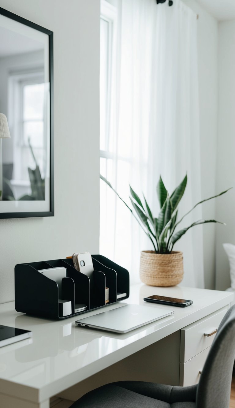 A sleek, modern desk organizer sits on a clean, uncluttered desk in a small bedroom with minimalist decor