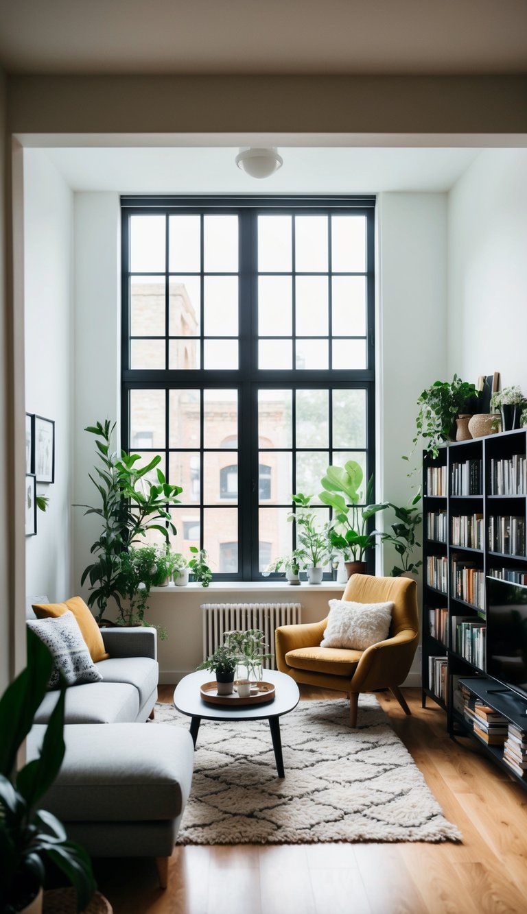 A cozy living room with a large window, comfortable seating, and modern decor. A bookshelf filled with books and plants adds a touch of greenery to the space